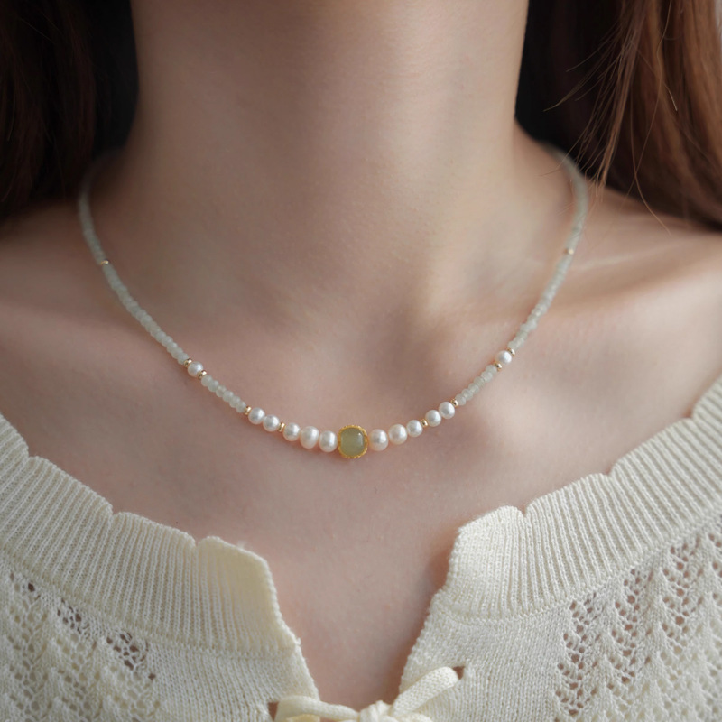 Moon Over Mountain Stream — Jade, Chalcedony & Pearl Necklace