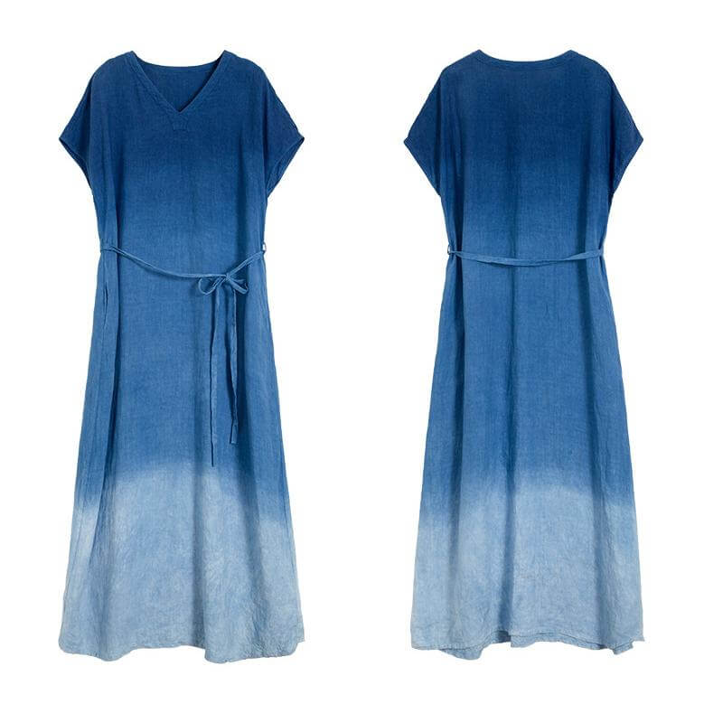 Elegant V-Neck Hand-Dyed Linen Maxi Dress