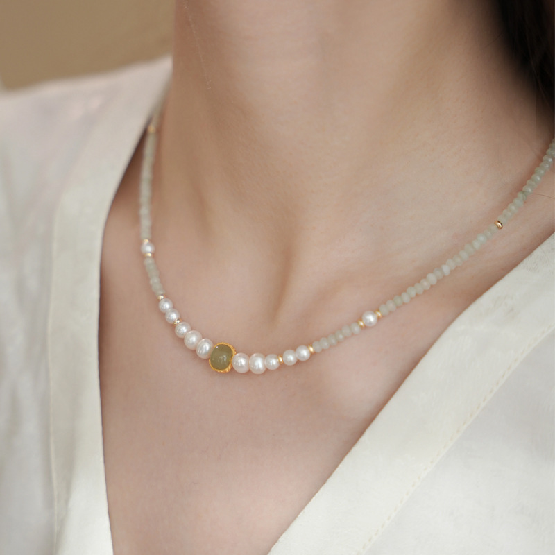 Moon Over Mountain Stream — Jade, Chalcedony & Pearl Necklace