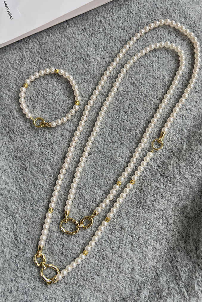 đ„ă4 in 1ăPearl Necklace & Bracelet Set â White/Grey Pearls, 6mm | Layered Look, Elegant, Womenâs Gift