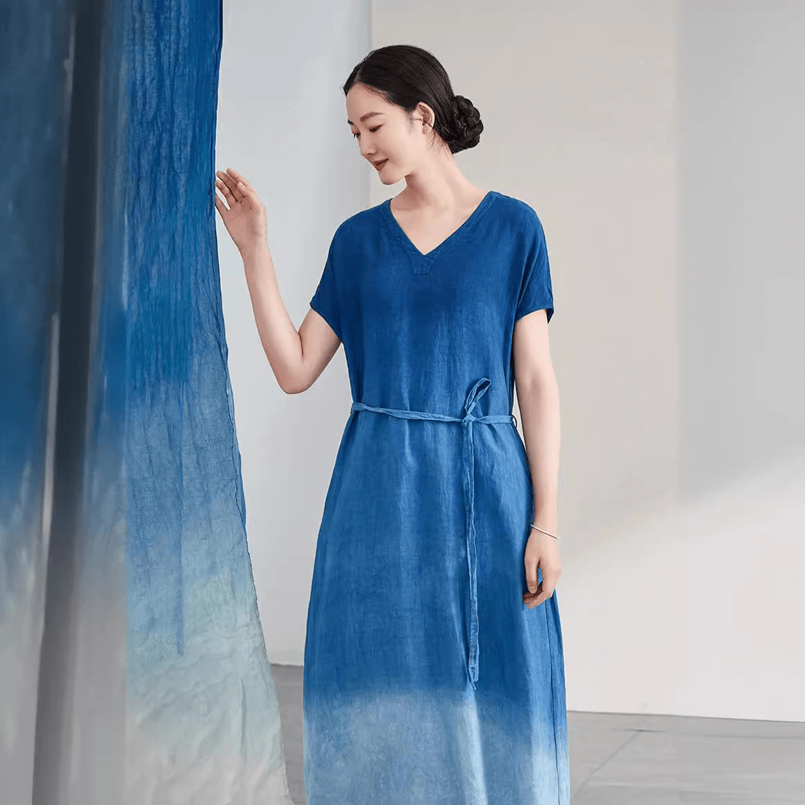 Elegant V-Neck Hand-Dyed Linen Maxi Dress