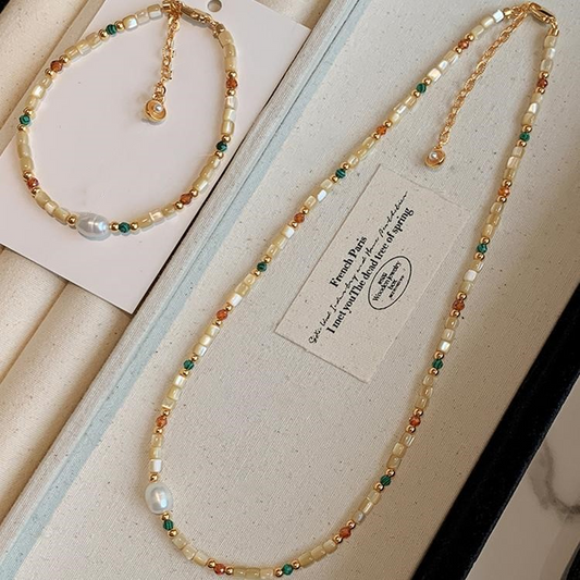 Natural Beads & Pearl Duo Set｜Handcrafted Necklace & Bracelet