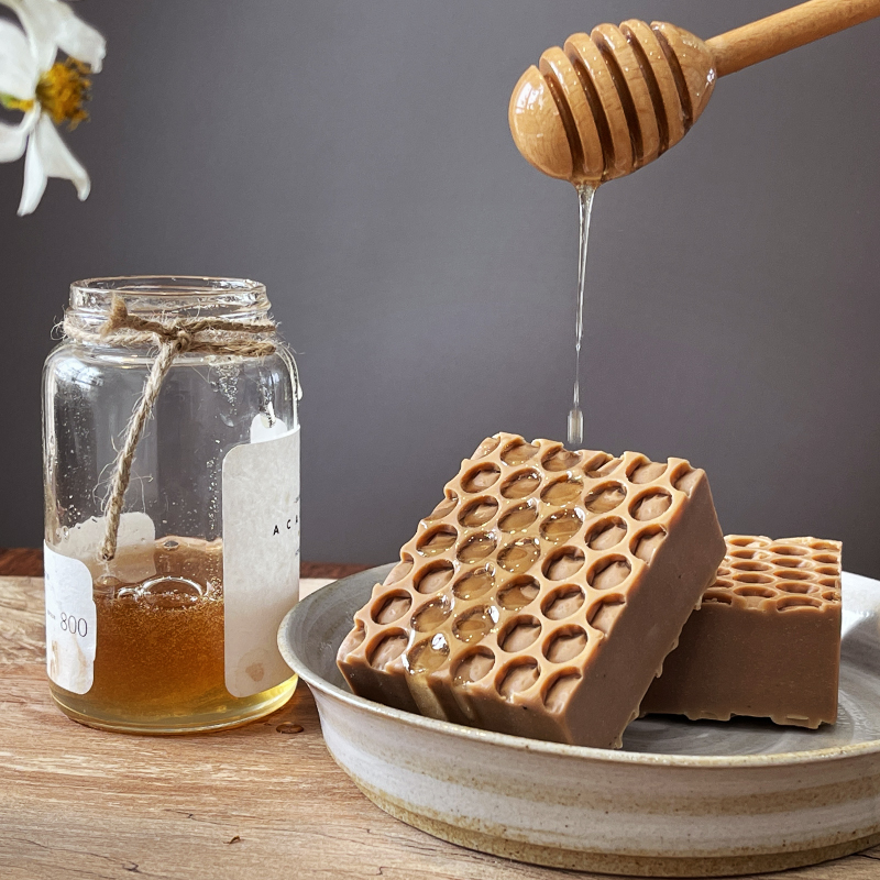 Beehive Black Chocolate & Honey Soap with honey drizzle, ideal for oily and sensitive skin, showcasing handmade, cold process quality.