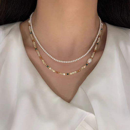 Natural Beads & Pearl Duo Set｜Handcrafted Necklace & Bracelet