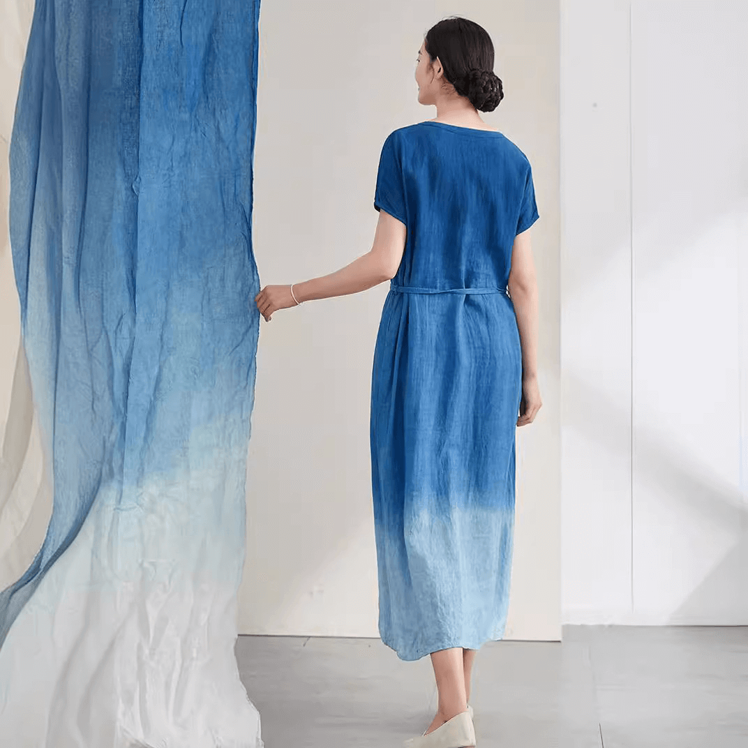 Elegant V-Neck Hand-Dyed Linen Maxi Dress