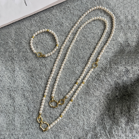 🔥【4 in 1】Pearl Necklace & Bracelet Set – White/Grey Pearls, 6mm | Layered Look, Elegant, Women’s Gift