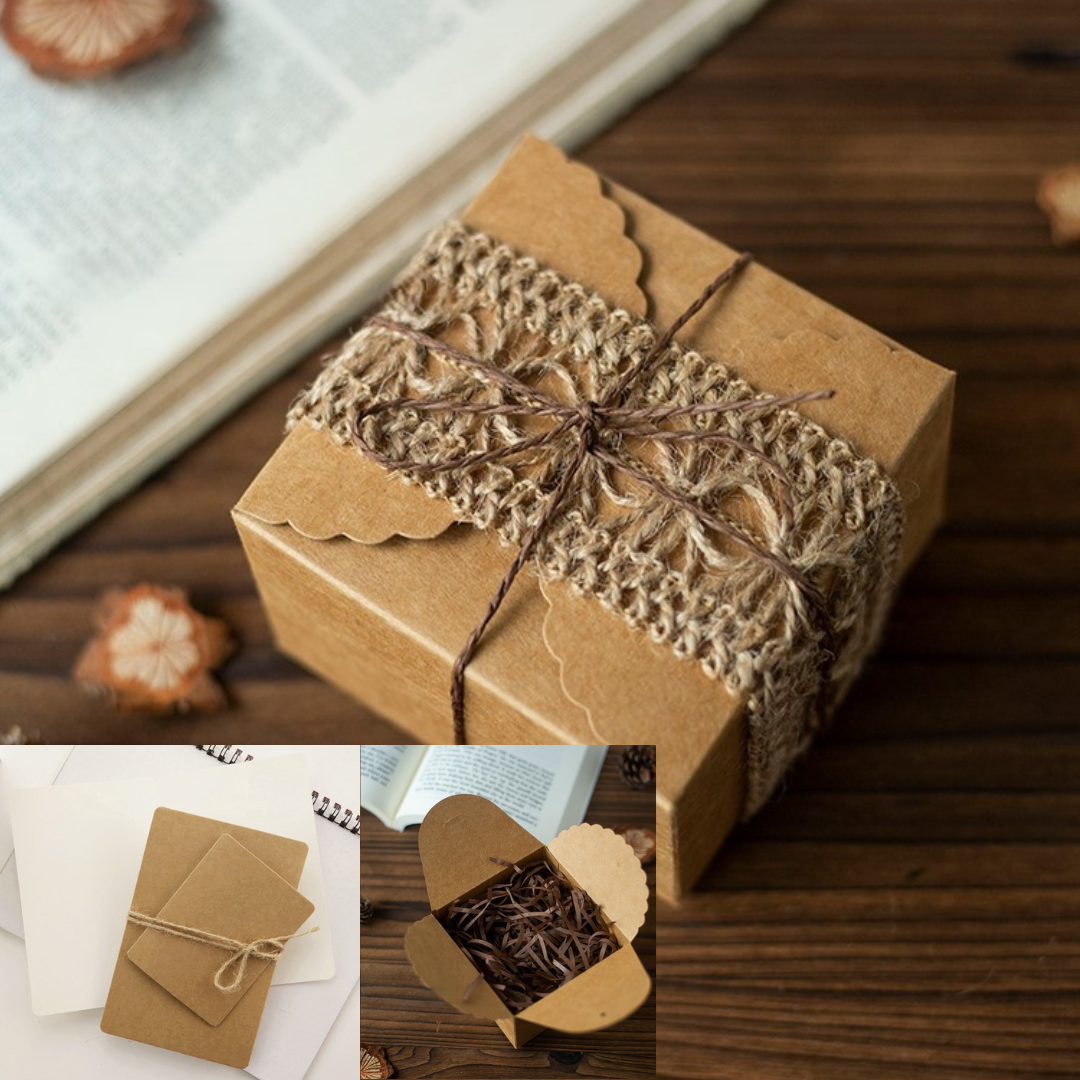 Handmade gift box wrapped in jute twine, featuring elegant packaging with rustic elements on wooden surface.