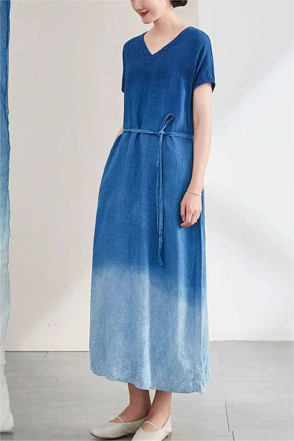 Elegant V-Neck Hand-Dyed Linen Maxi Dress