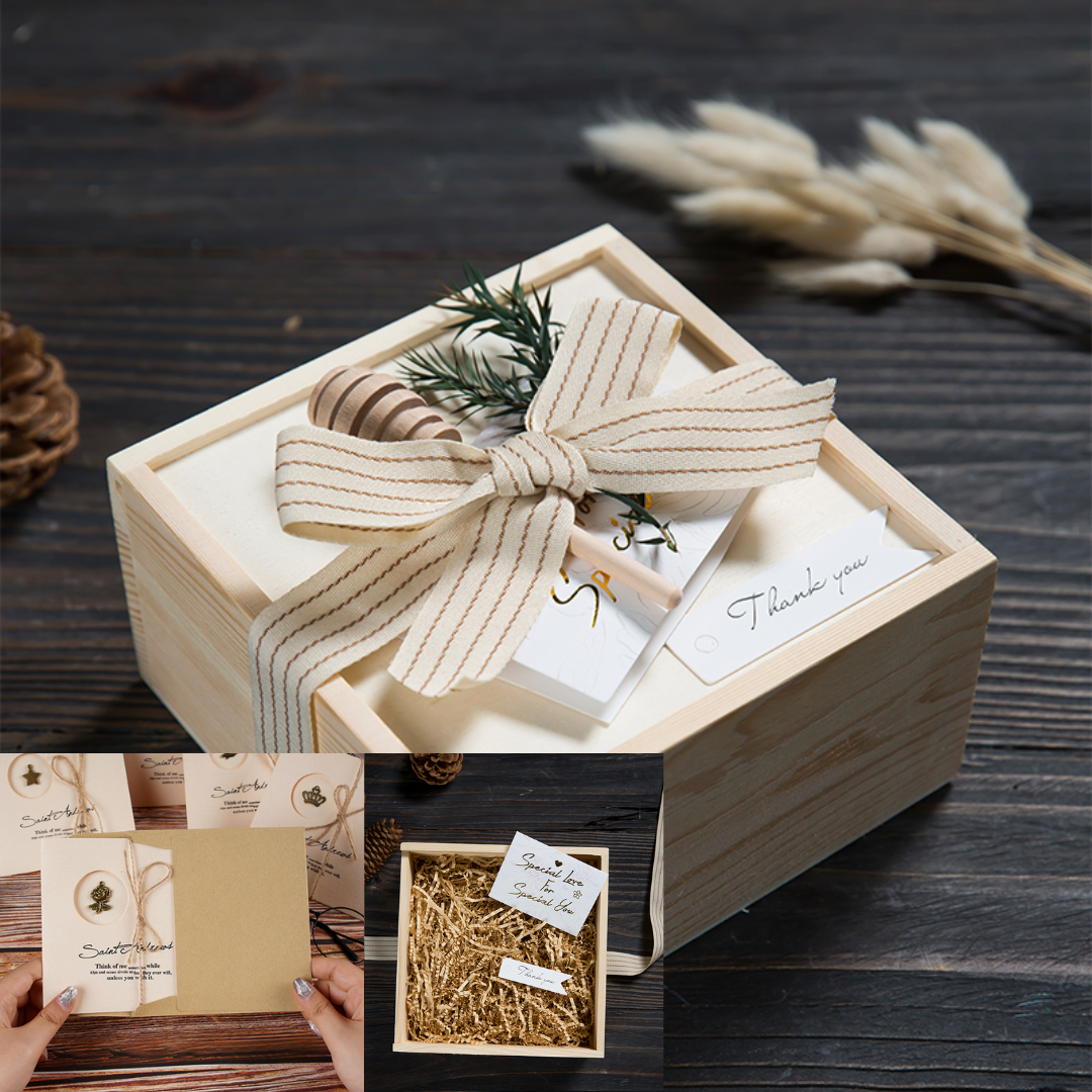 Handcrafted gift box with a bow, include thank you card and decorative greenery, ideal for special occasions.